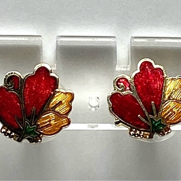 Cloisonné Earrings Flower Gold Tone Red Yellow Vintage - Picture 6 of 11